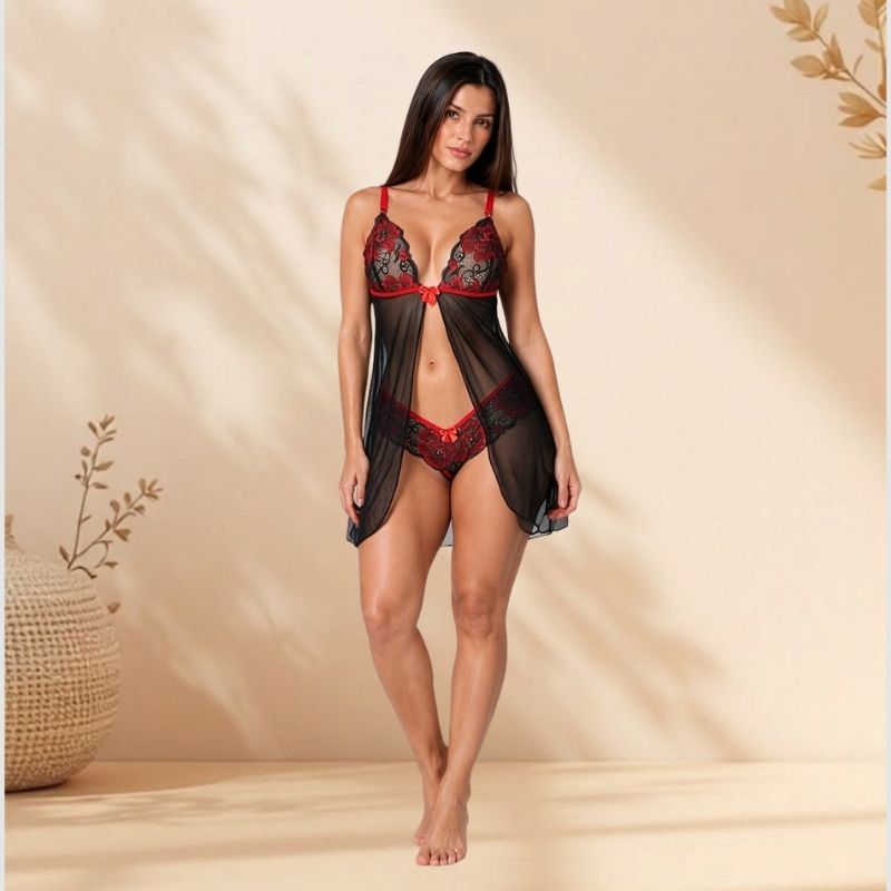 babydoll negro con rojo bordado sensual
