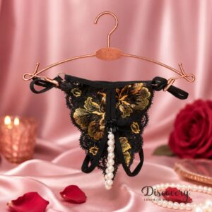 Tanga Bordada ajustable con perlas y abertura negro con dorado